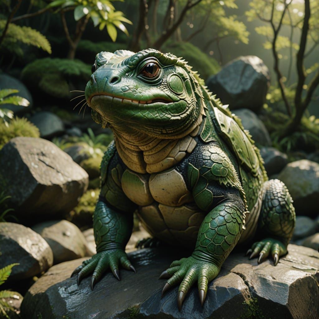 Hyperrealistic Japanese Kappa on a Rock