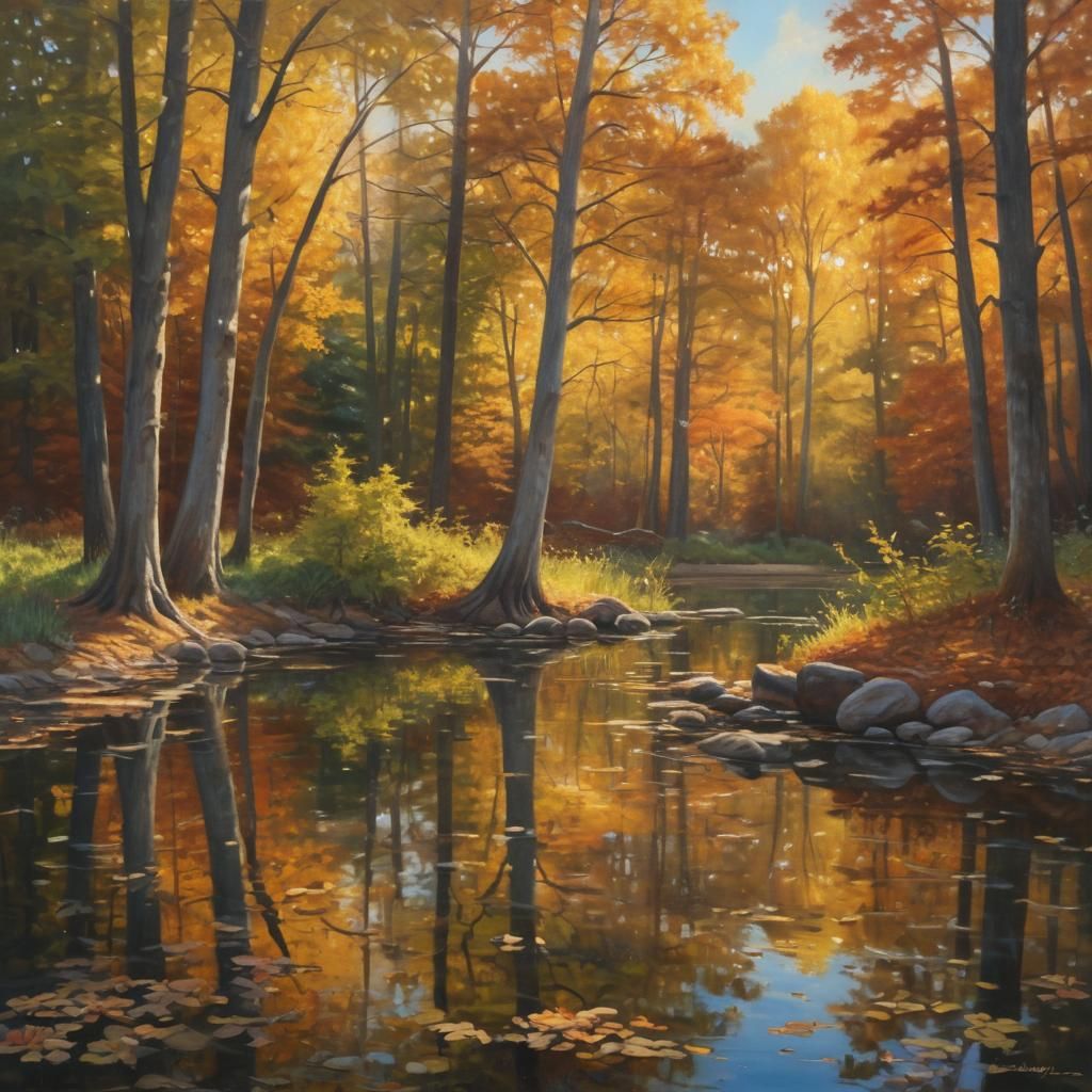 Autumn Pond Landscape in Impressionistic Oil Painting Style