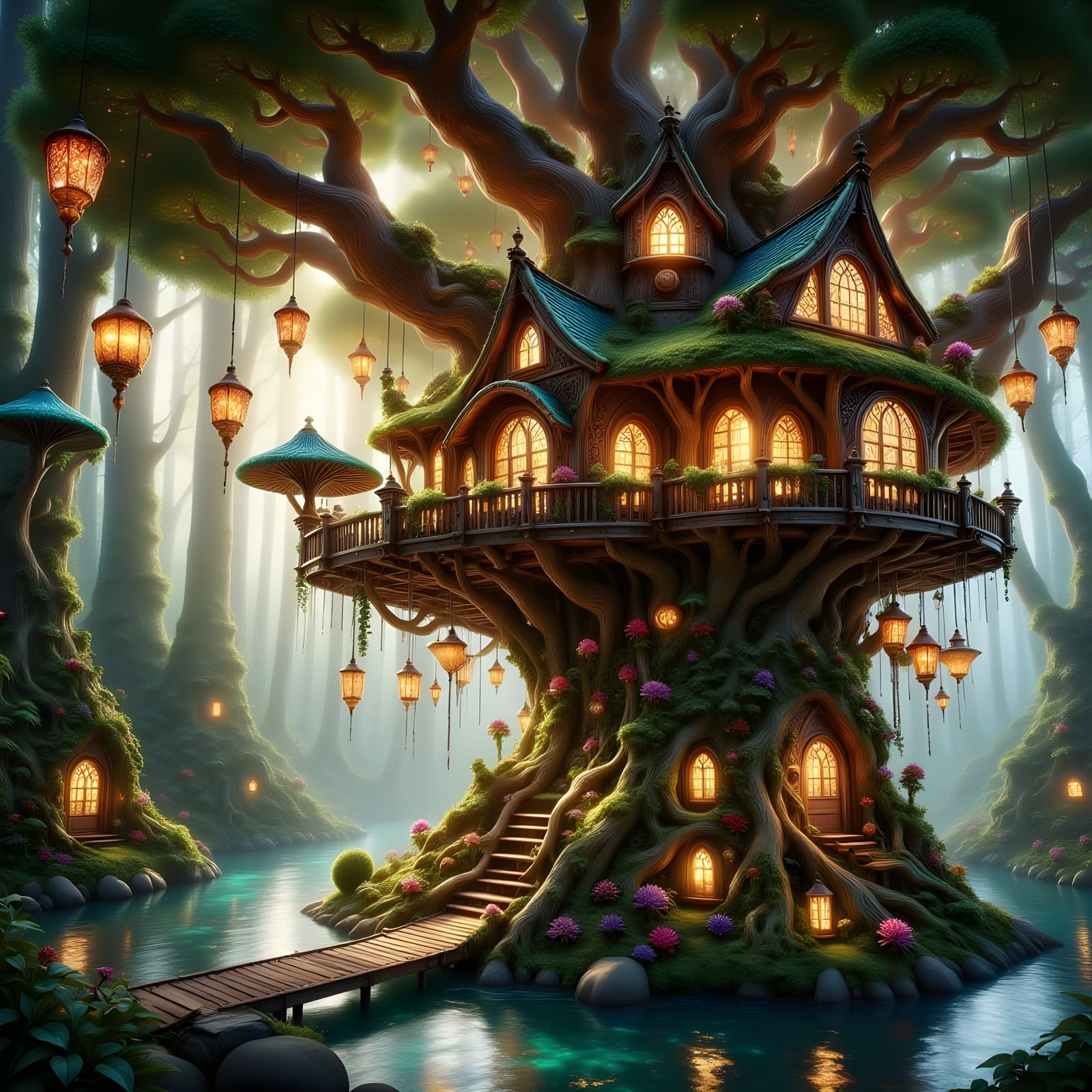 Whimsical Fairy Treehouse with Glowing Lanterns and Sparklin...