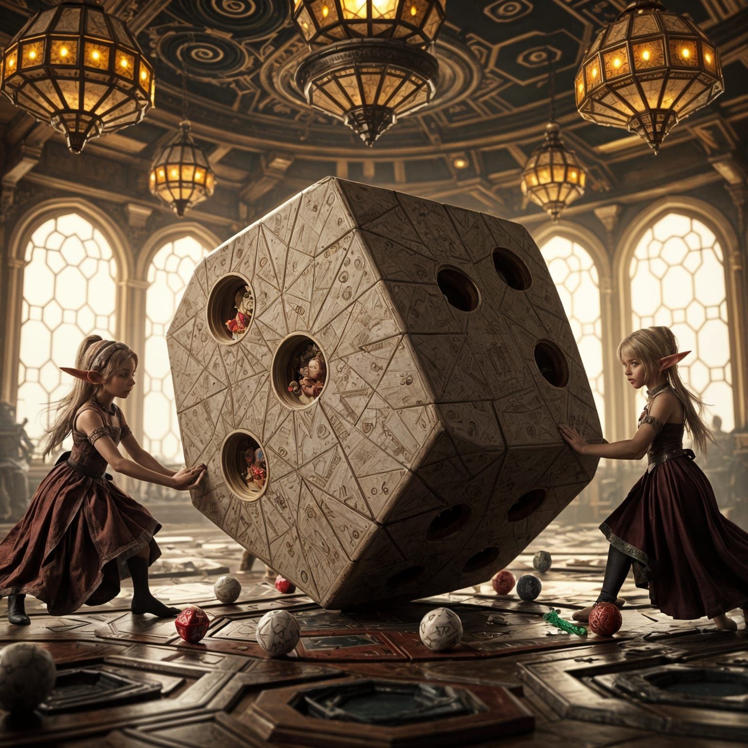 Hyperrealistic Octahedron with Elves in Detailed Setting