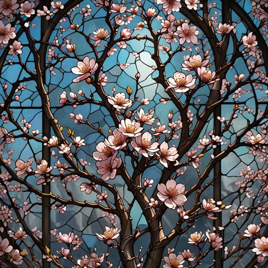 Cathedral in Stained Glass Style with Cherry Blossoms
