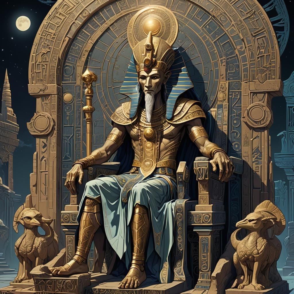 Half-Human Thoth on Throne Under Moonlight
