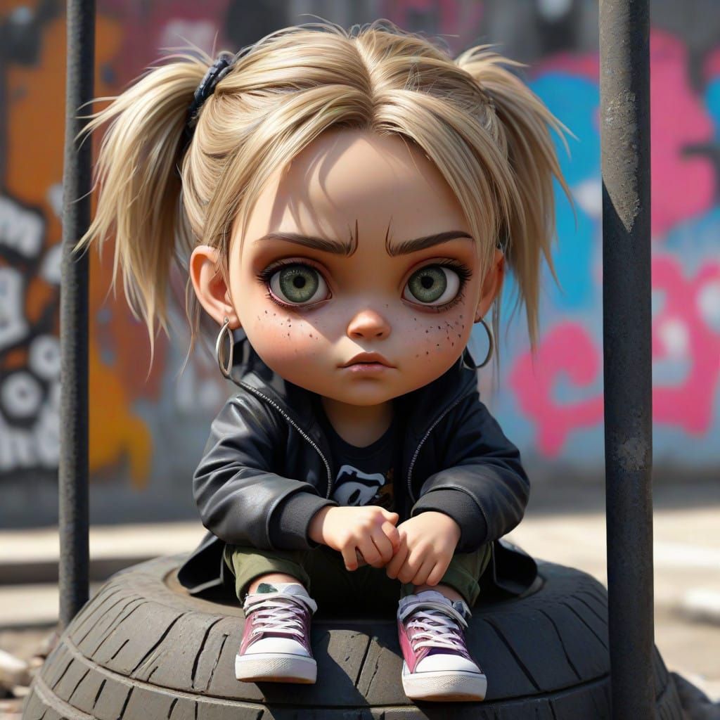 A girl sitting on a tire swing, heavy metal style