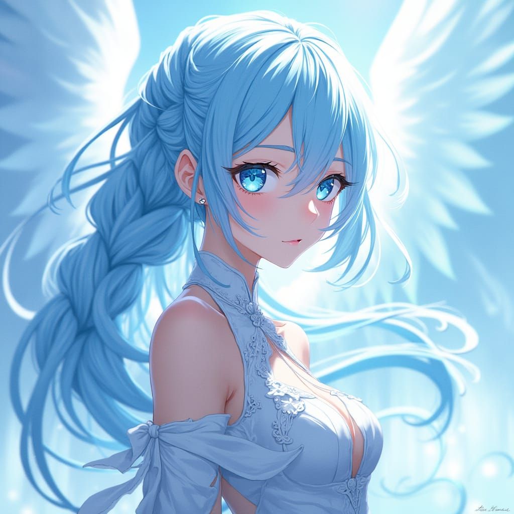 Anime Warrior Angel with Radiant Light Blue Hair and Delicat...