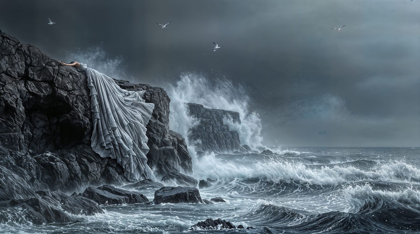 Stormy Seascape with Ethereal Gown