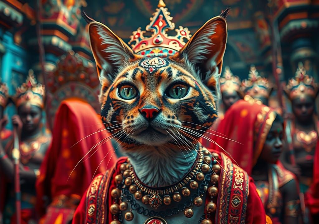 Surreal Cat Uprising in Ancient India, 3D Render