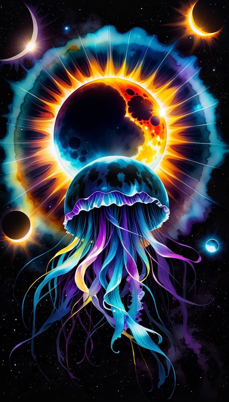 Celestial Jellyfish Solar Eclipse in Watercolor Style