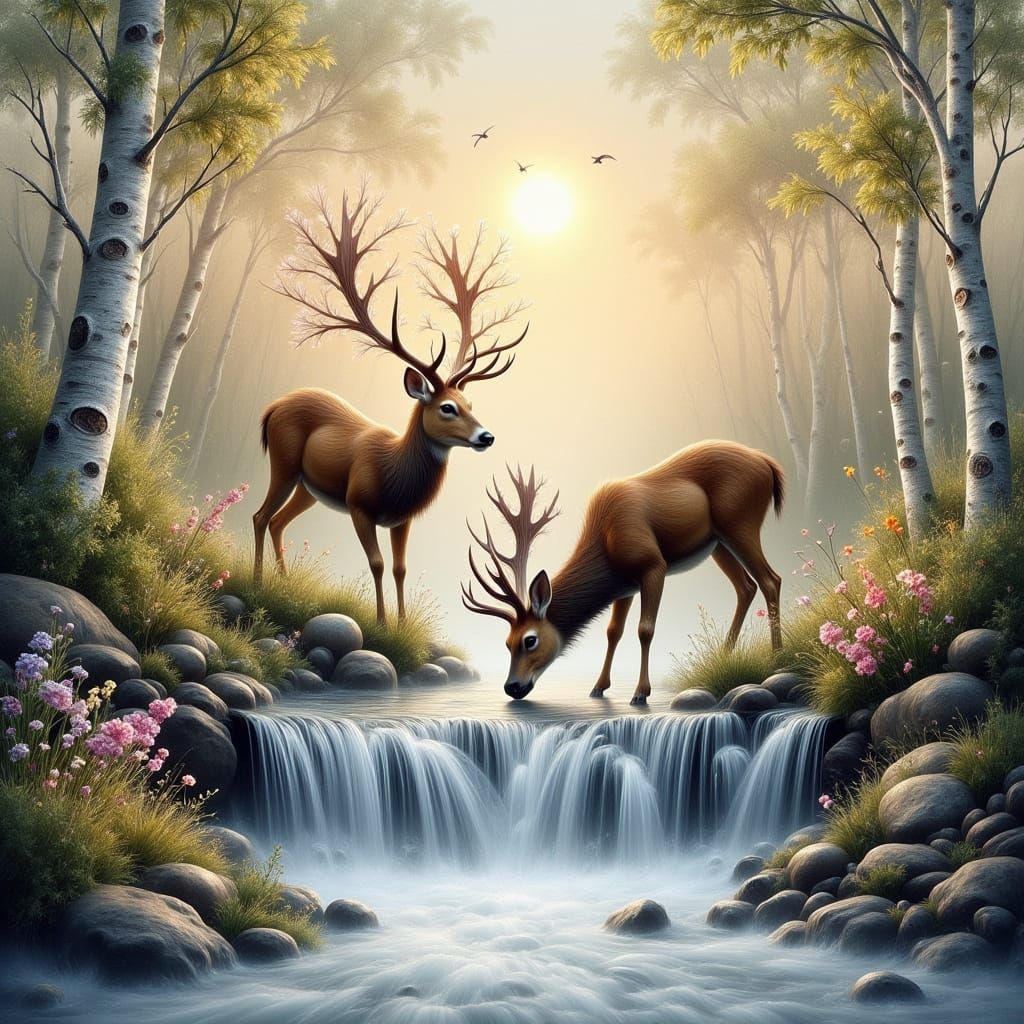 Deer at Waterfall in Watercolor Landscape