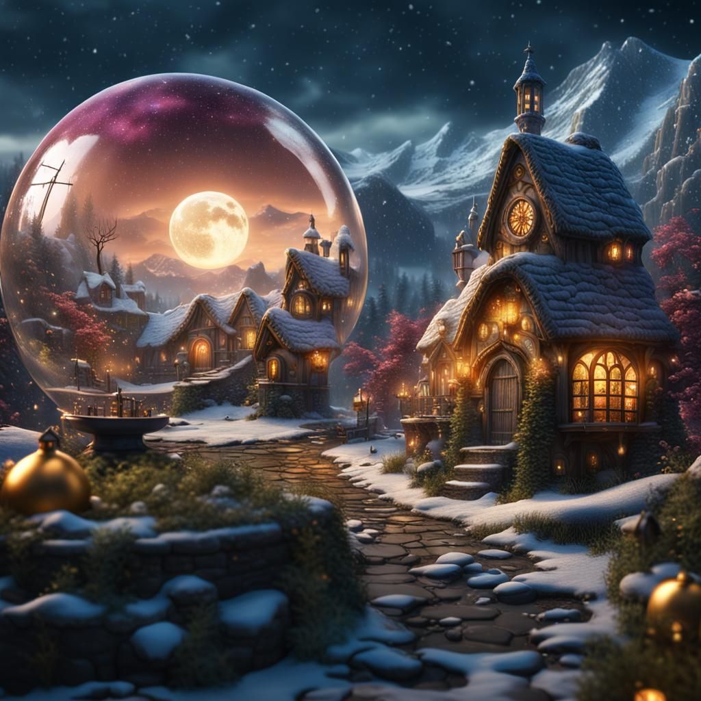 Magical Village in Snowglobe: Detailed Matte Painting