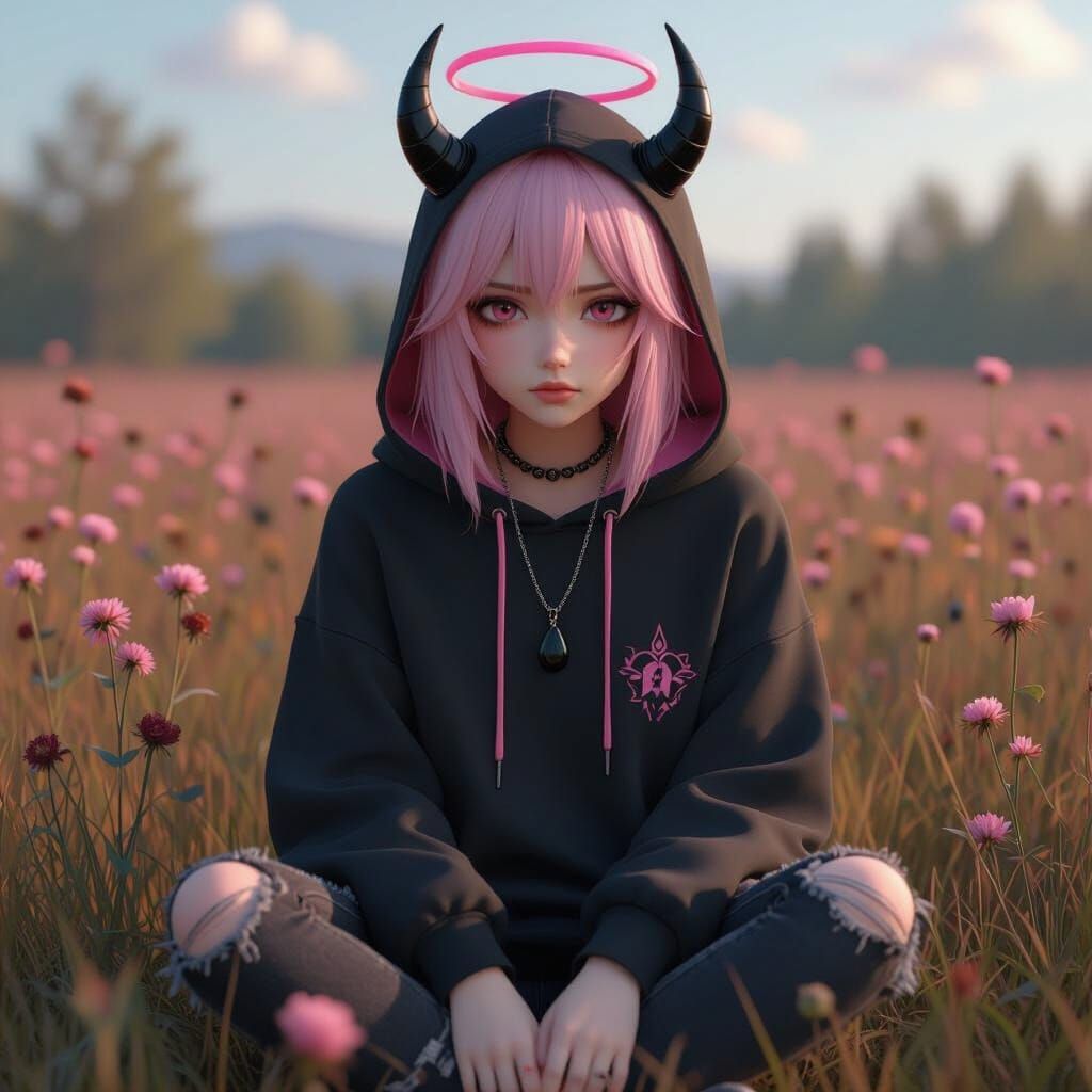 Sad Anime Girl in Withered Field, 3D Art Style