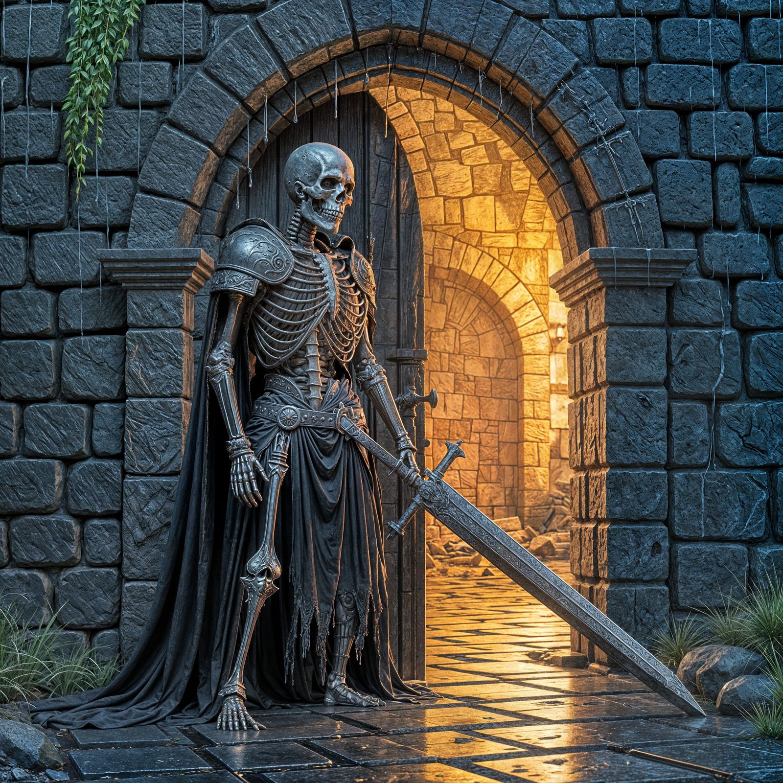 Skeleton Warrior in Castle Doorway, Dark Fantasy Art
