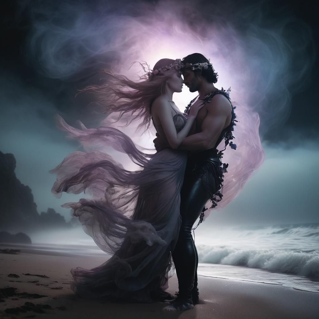 Aphrodite and Ares Embrace on Mystic Beach