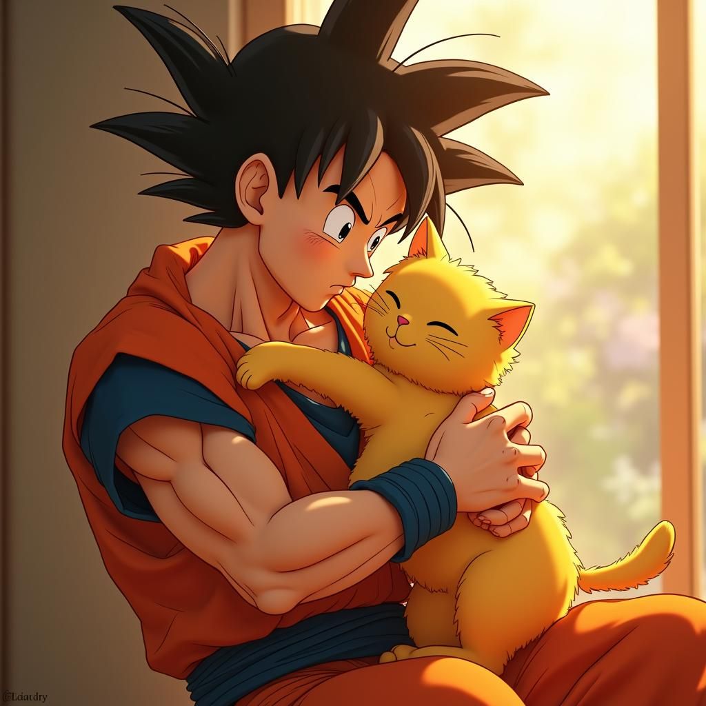 Goku Cradling Yellow Cat: 3D Anime Illustration