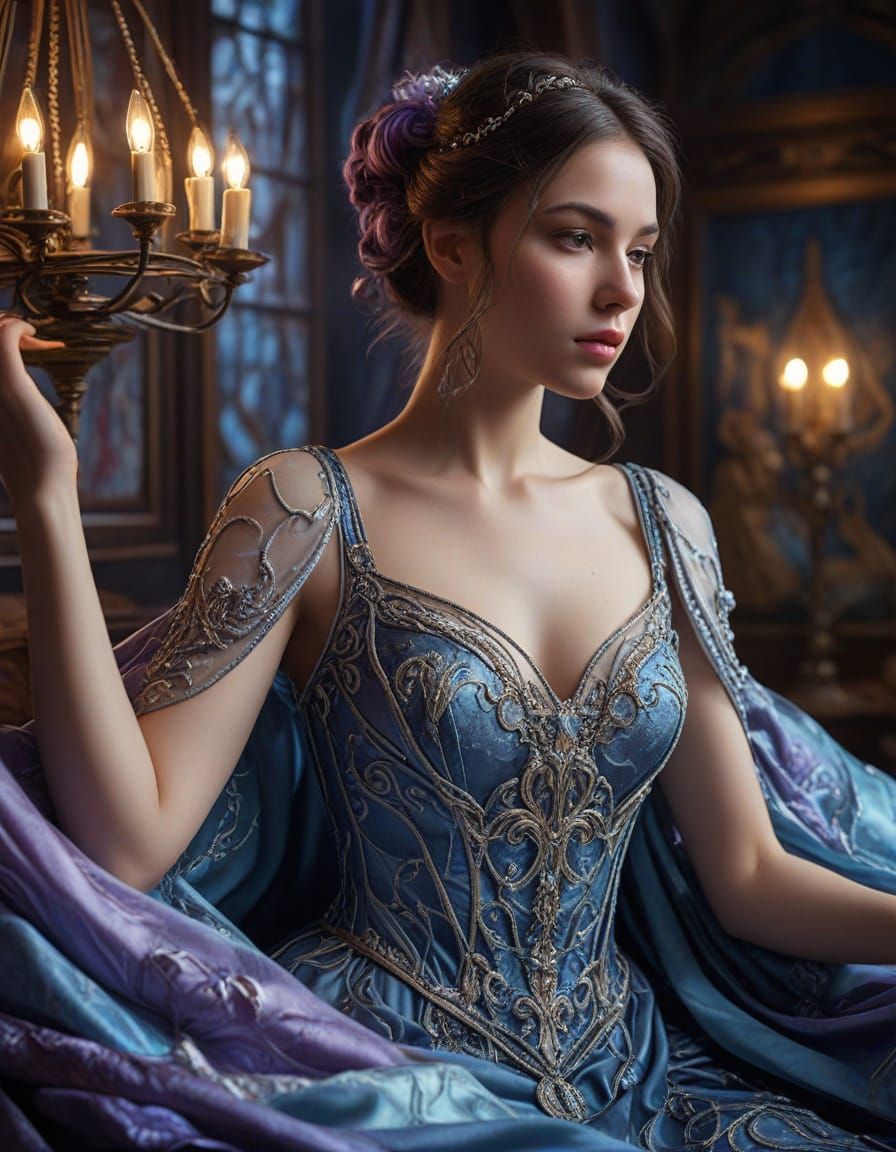 Ethereal Seamstress Weaving Starlight Gowns in Art Nouveau S...