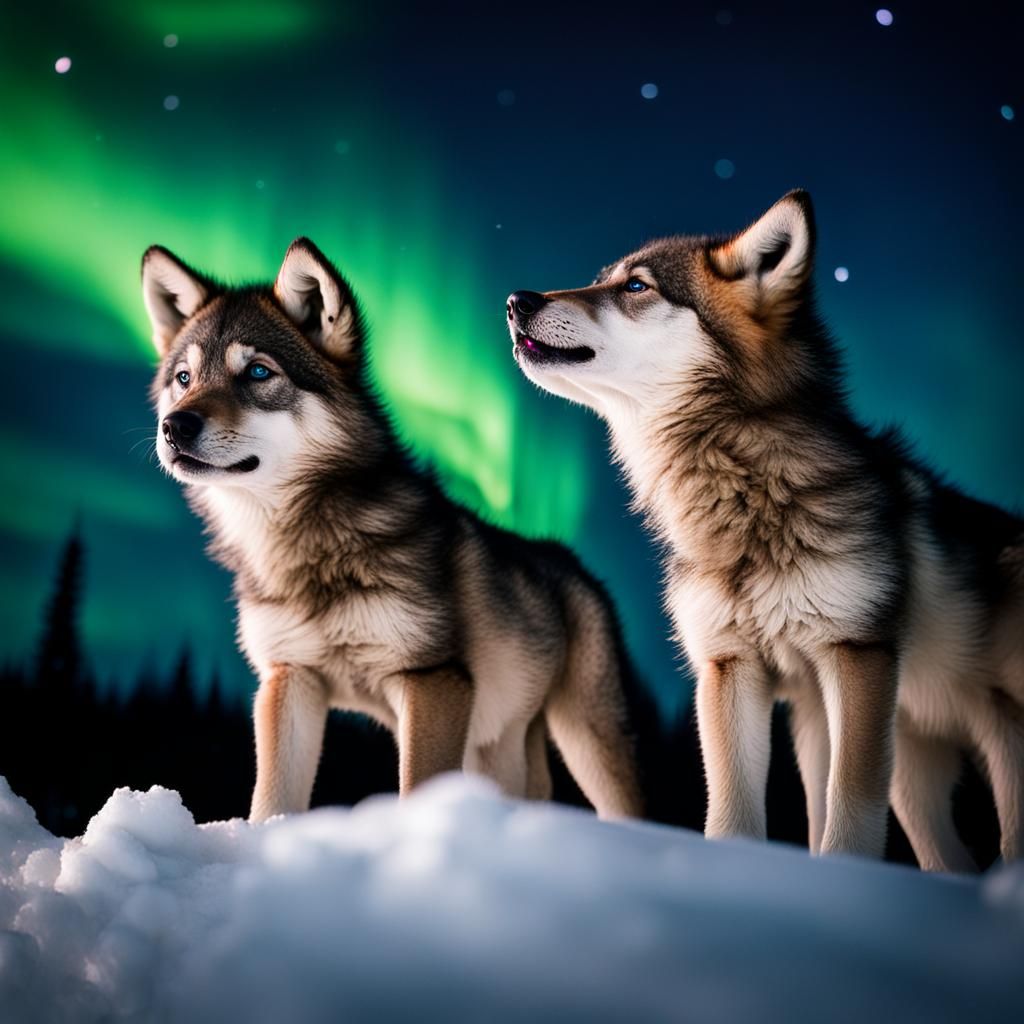 Wolf Pups Watch Northern Lights: Professional Photography