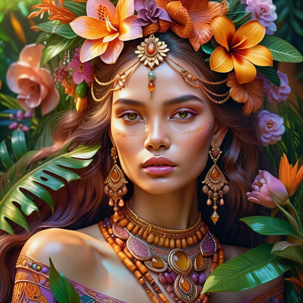 Woman with Flowers and Jewelry in Fantasy Realism