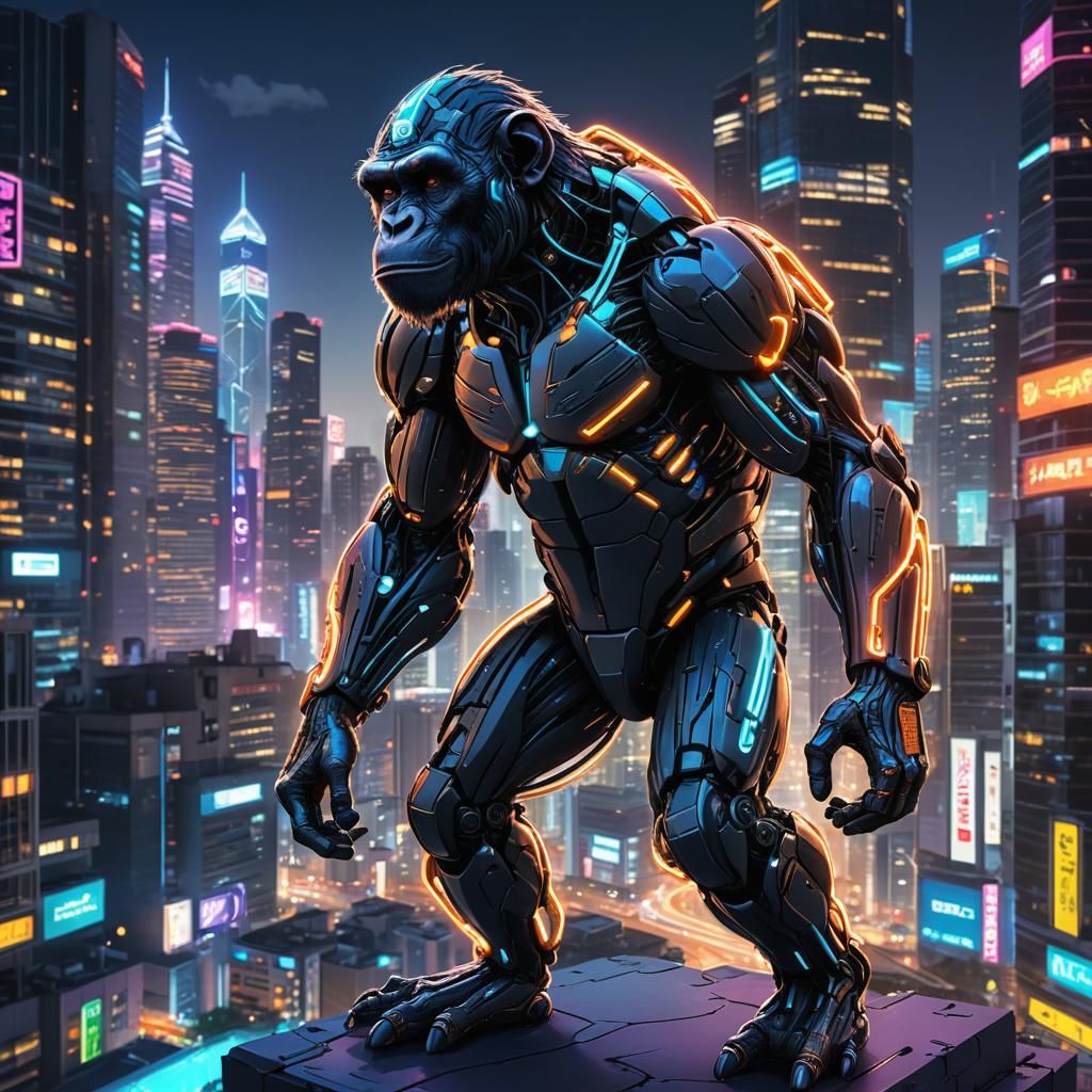 Cyborg Chimpanzee in Neon Cityscape: Anime Style