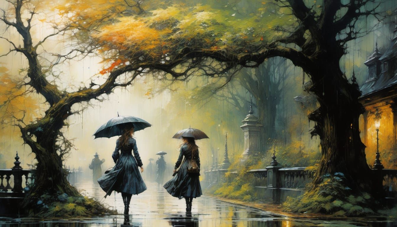 Romantic Victorian Park Scene in a Dramatic Rainy Day
