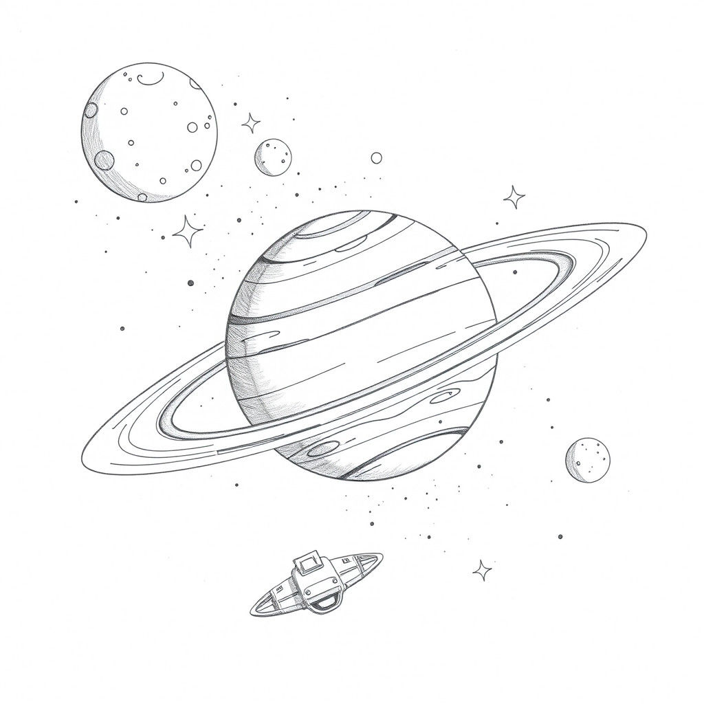 Saturn and Spaceship Doodle in Pencil Line Style
