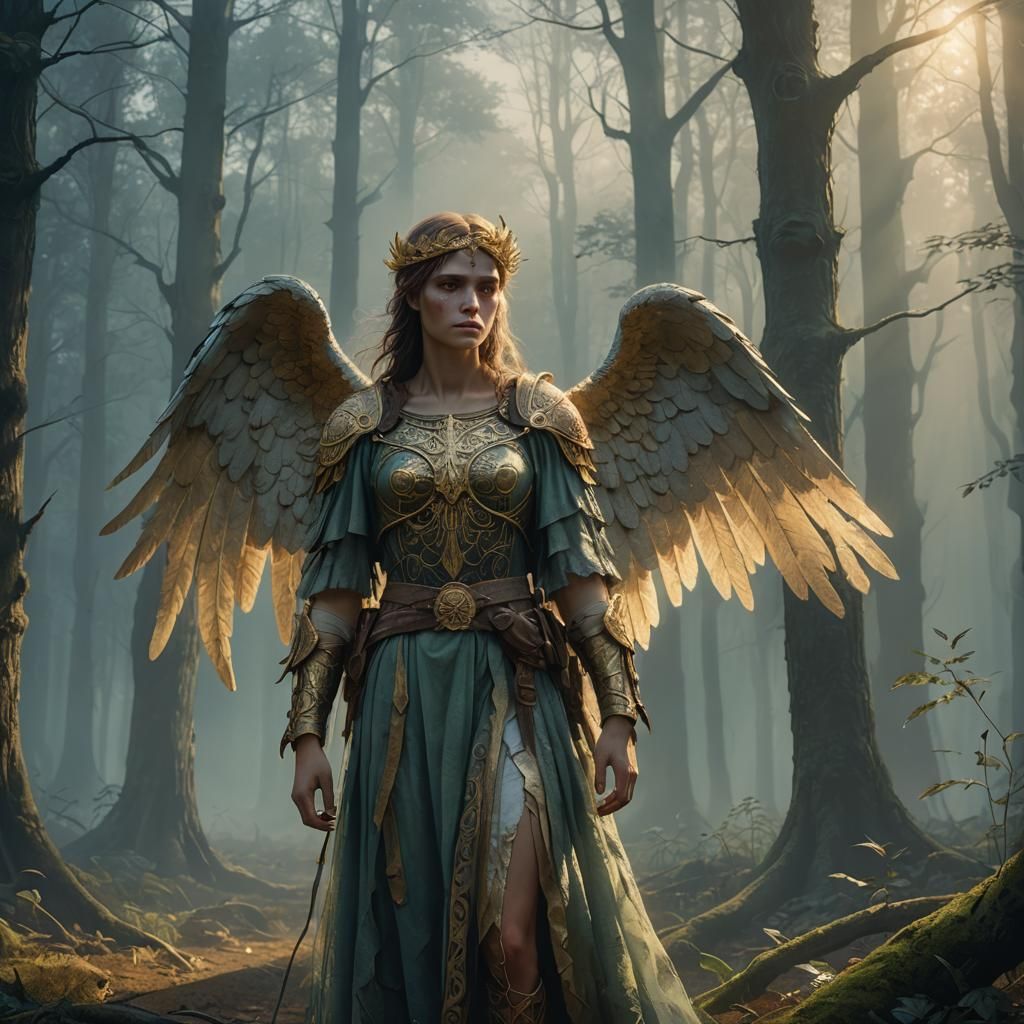 Wounded Angel in Misty Dawn Forest