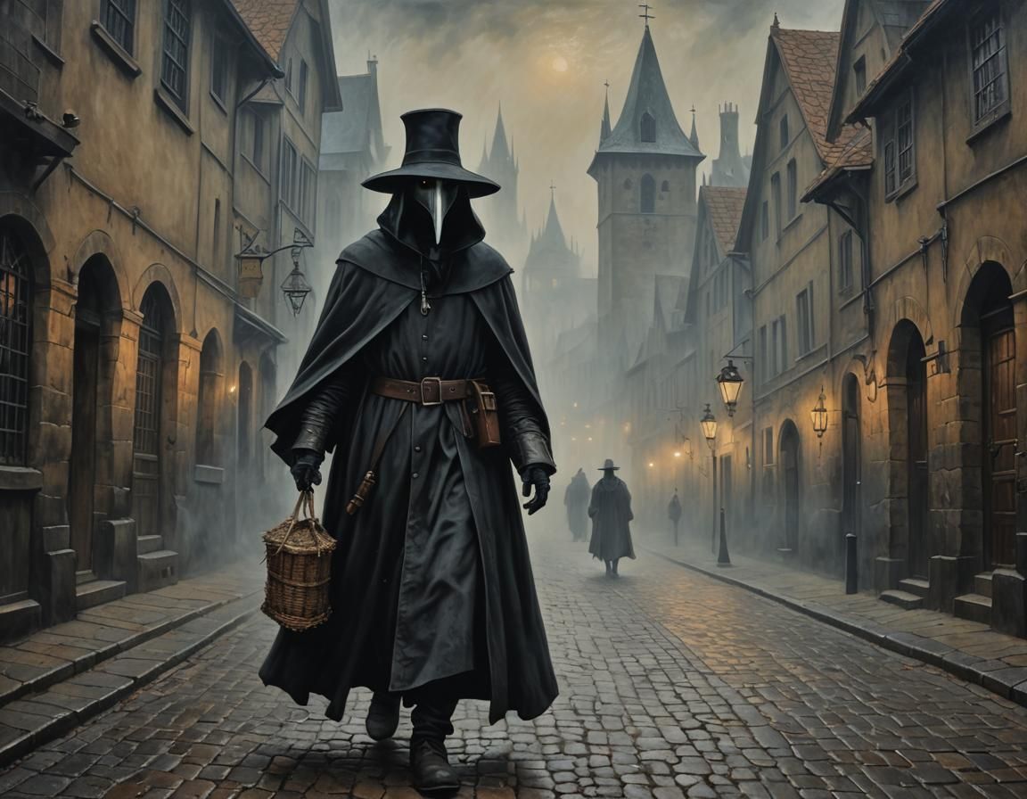 Eerie Plague Doctor in Foggy Medieval Street