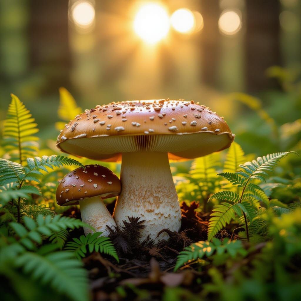 Boletus Edulis Mushroom in Golden Forest Sunlight