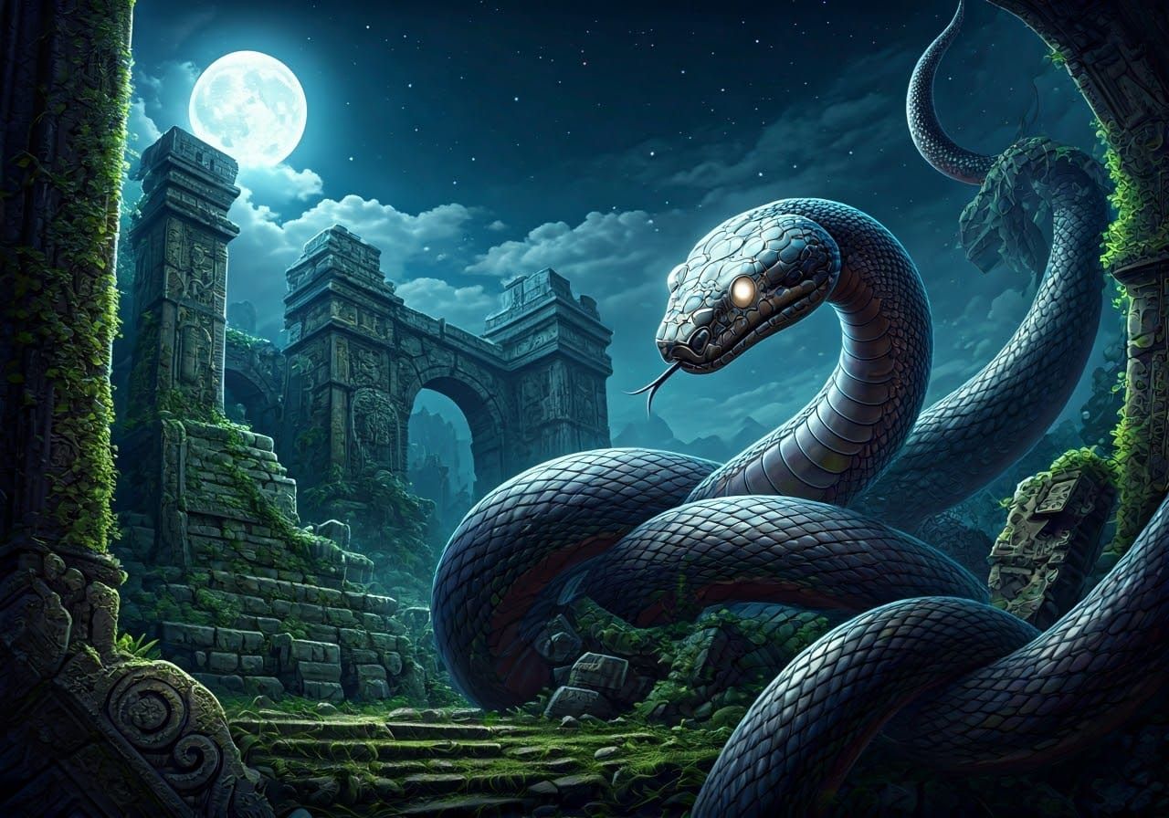 Serpentine Guardian in Dreamlike Ruins