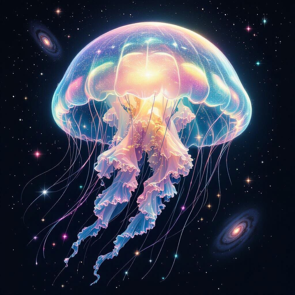 Bioluminescent Jellyfish Drifting Through Space as Digital A...