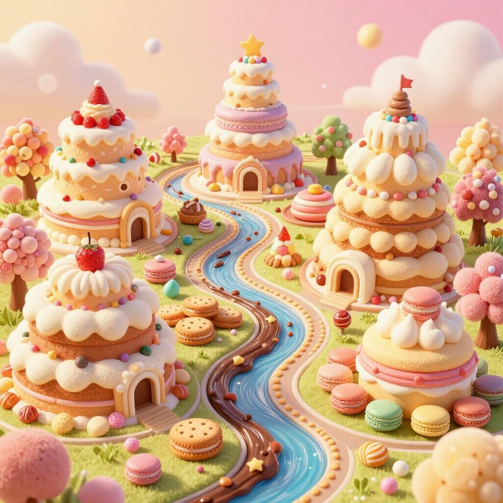 Whimsical Candy Cake World with Chocolate Rivers