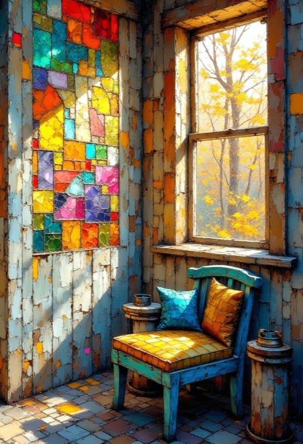 Surreal Sculpture of Colorful Windows in Impasto Style