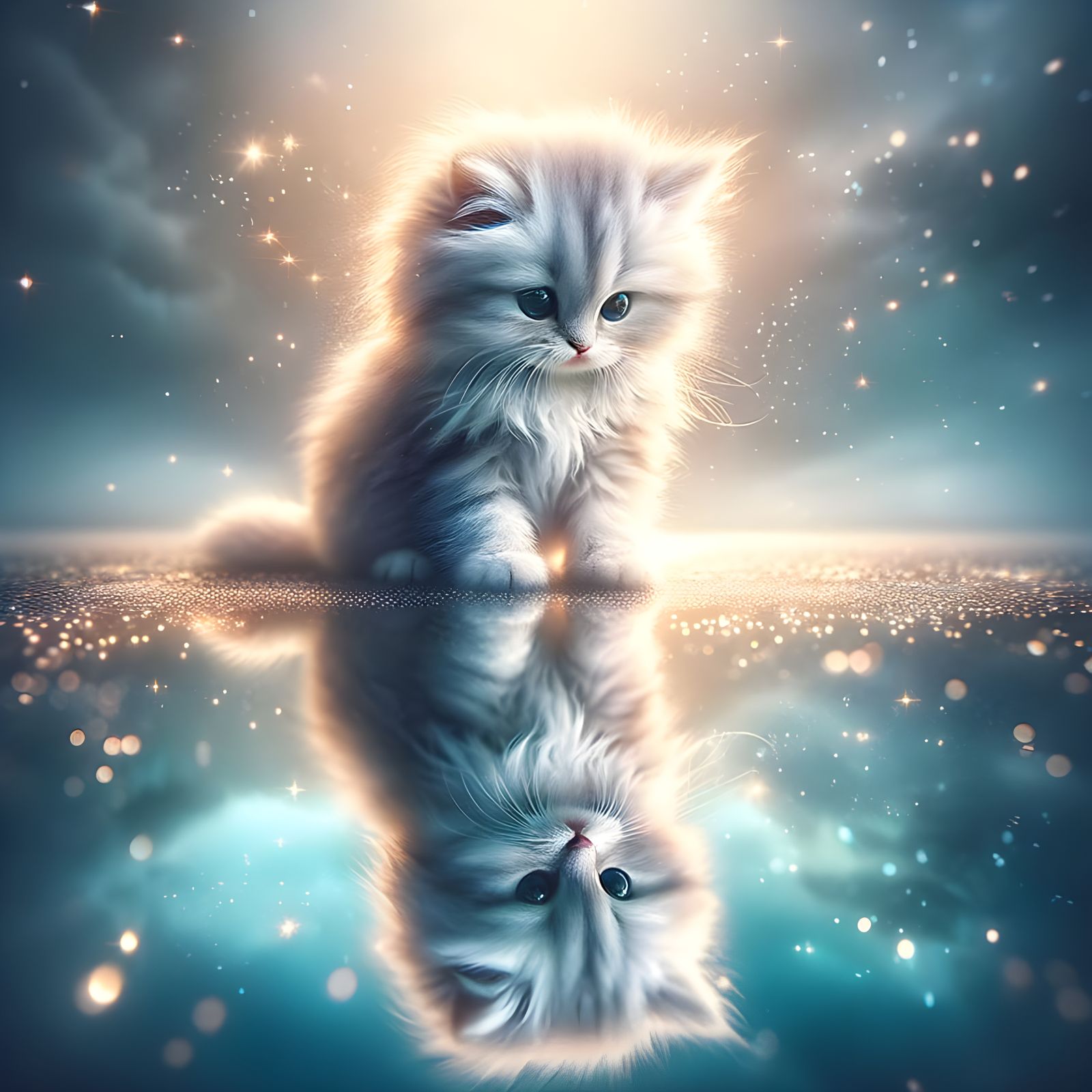 Kitten Captivated by Reflection in Tranquil Morning Light