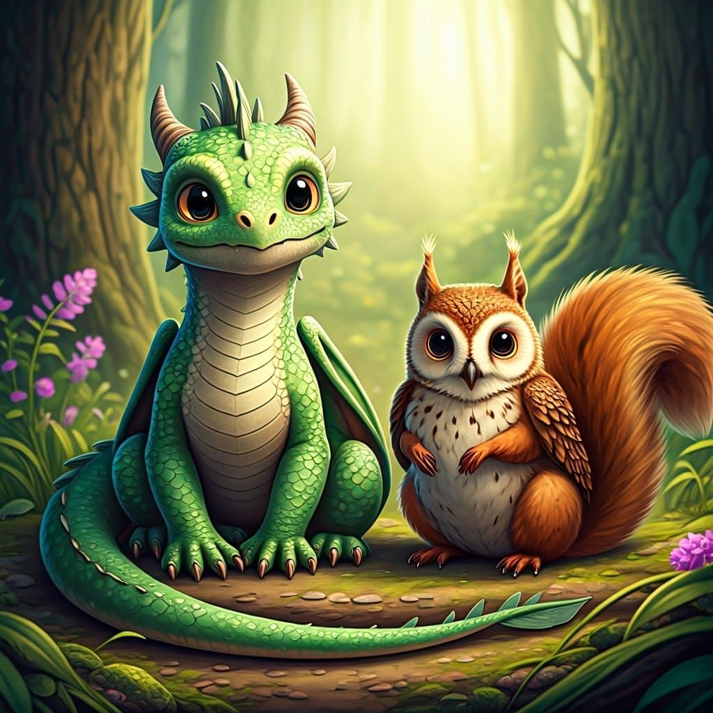 Harmonious Dragon, Owl, and Squirrel in Forest Glade