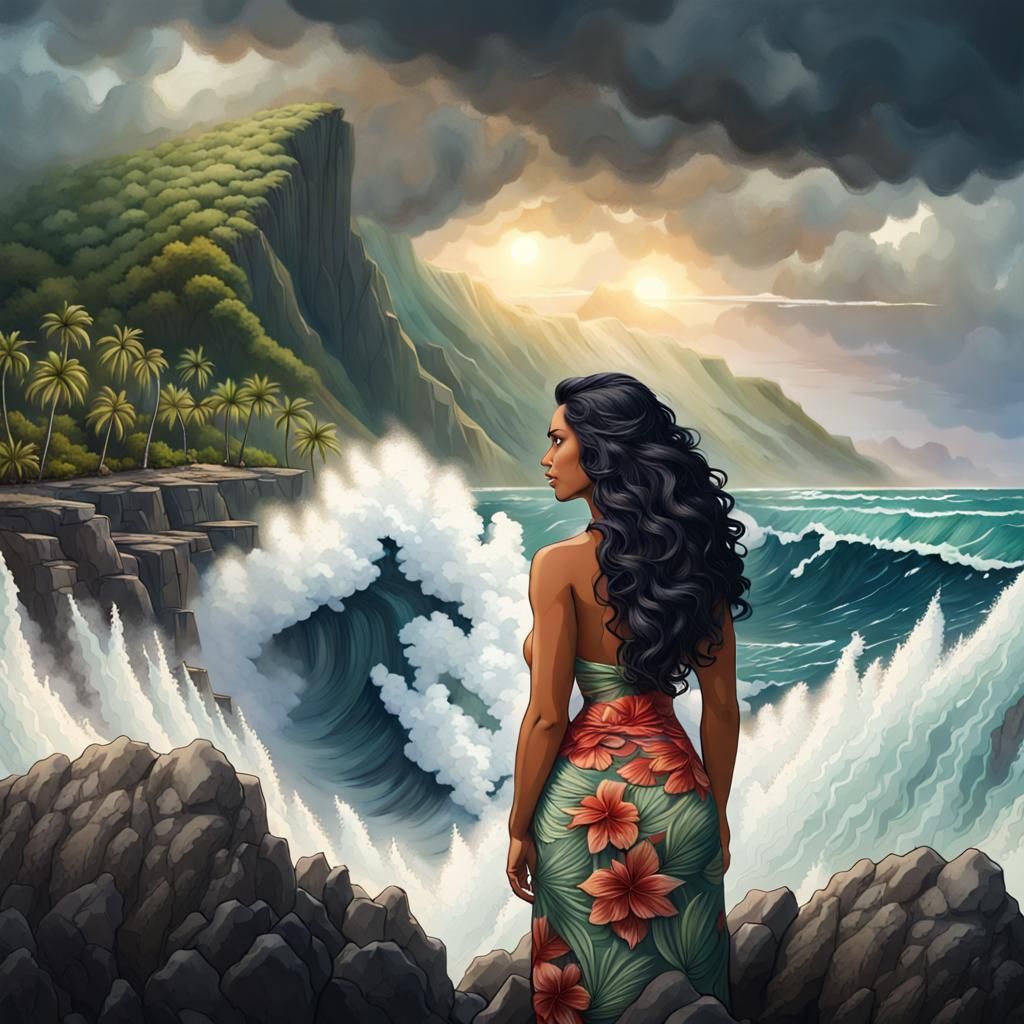 Polynesian Woman and Tsunami on Hawaiian Cliff