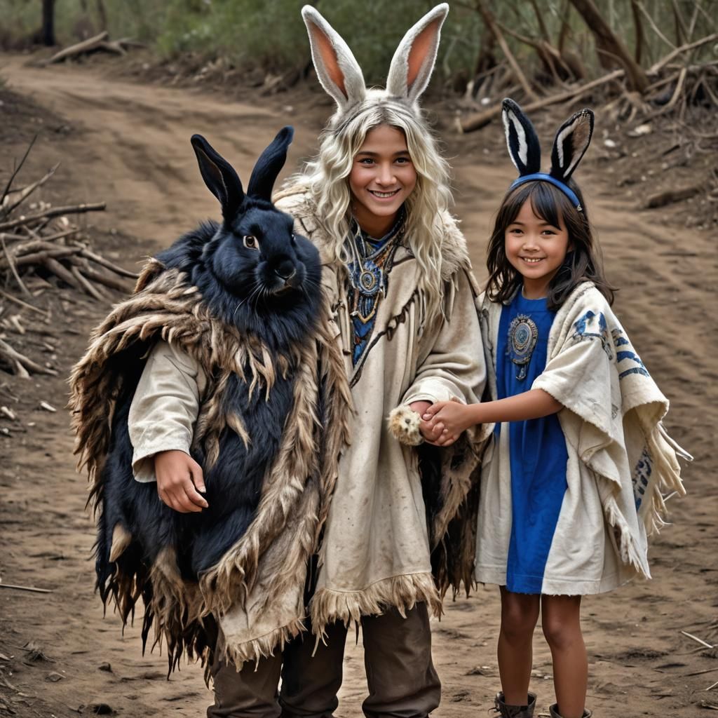 Boy and Girl with Rabbit Ears in Fur Clothing