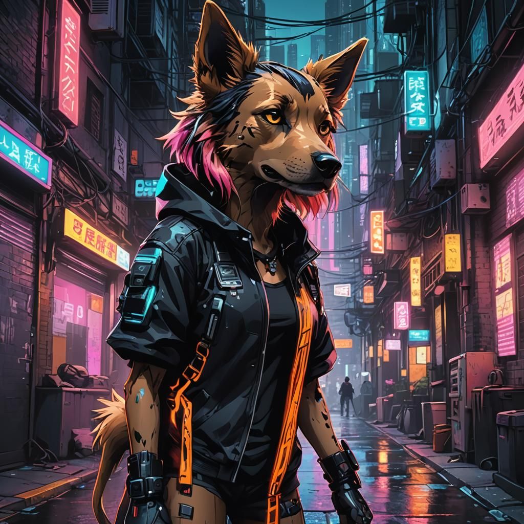 Cyberpunk Anthro Dog Girl in Gritty Cityscape