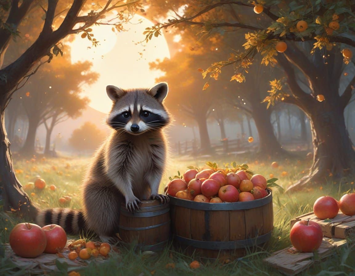 Raccoon in Harvest Orchard: Watercolour Painting with Golden...