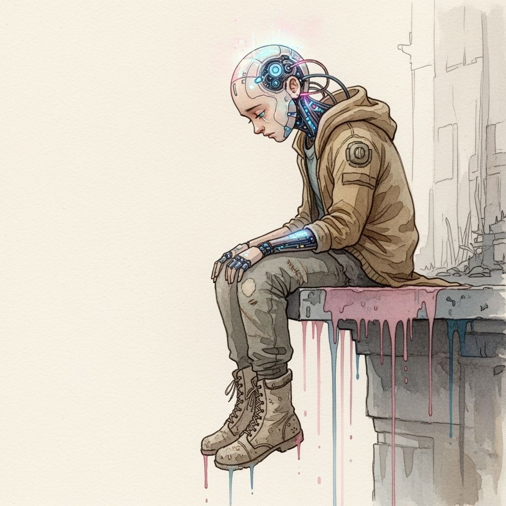 Lonely Cyborg in Watercolour Style Overlooking Abyss