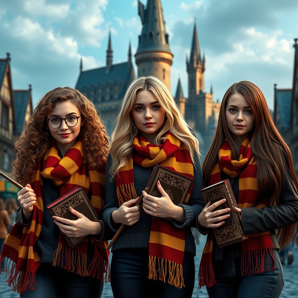 Teenage Girls Stand United in Front of Hogwarts School of Wi...