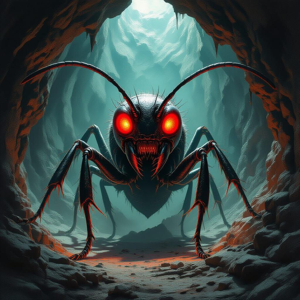 Giant Super Ant in Alien Lair, Dark Fantasy Horror Style