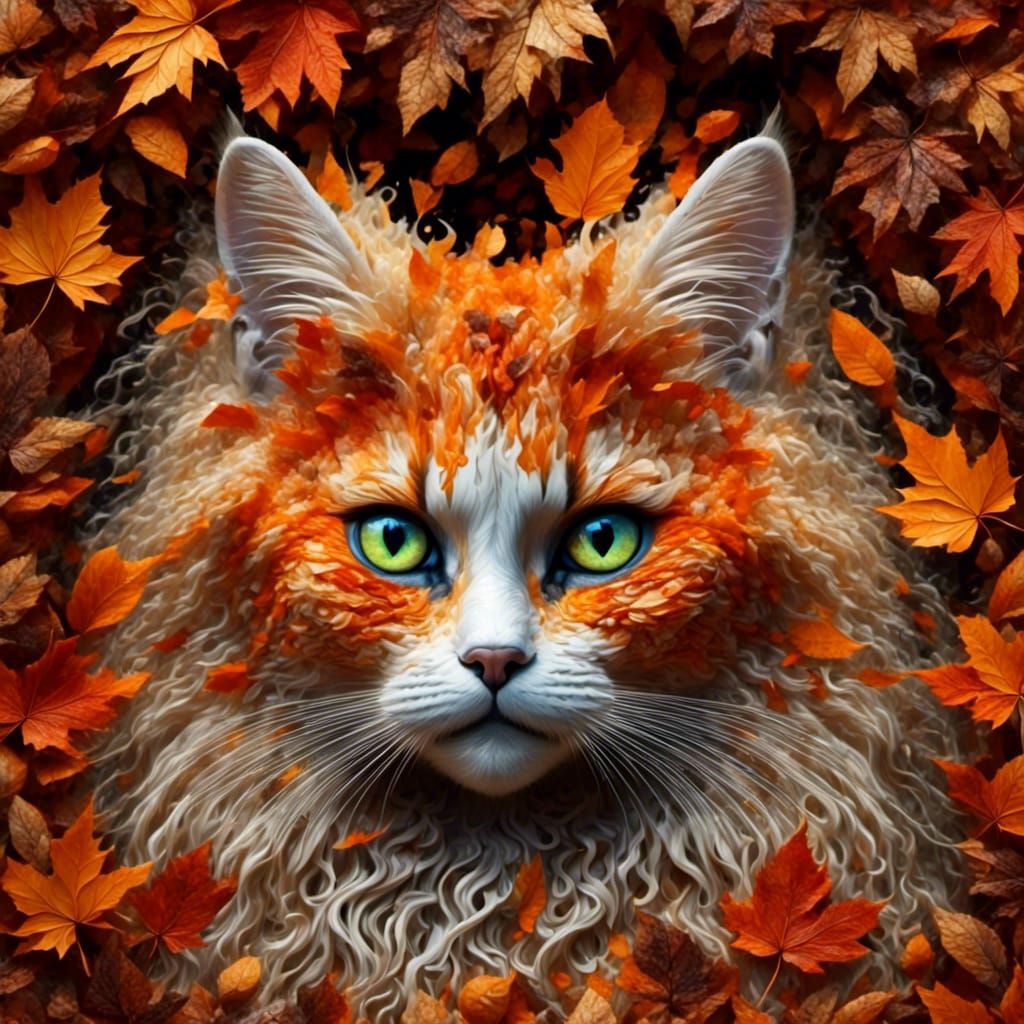 Persian Cat Hiding in Autumn Leaves
