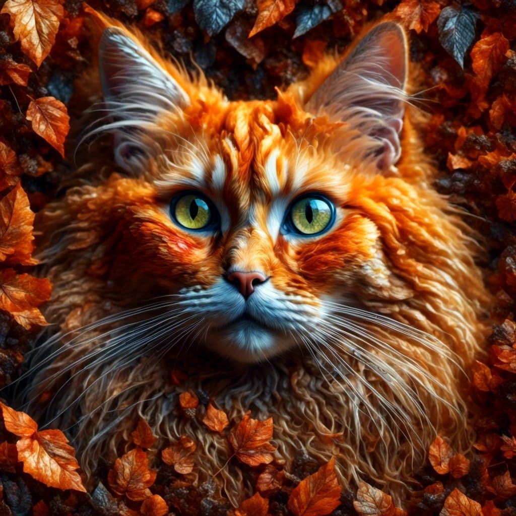 Orange Persian Cat in Autumn Leaves, Fantasy Art