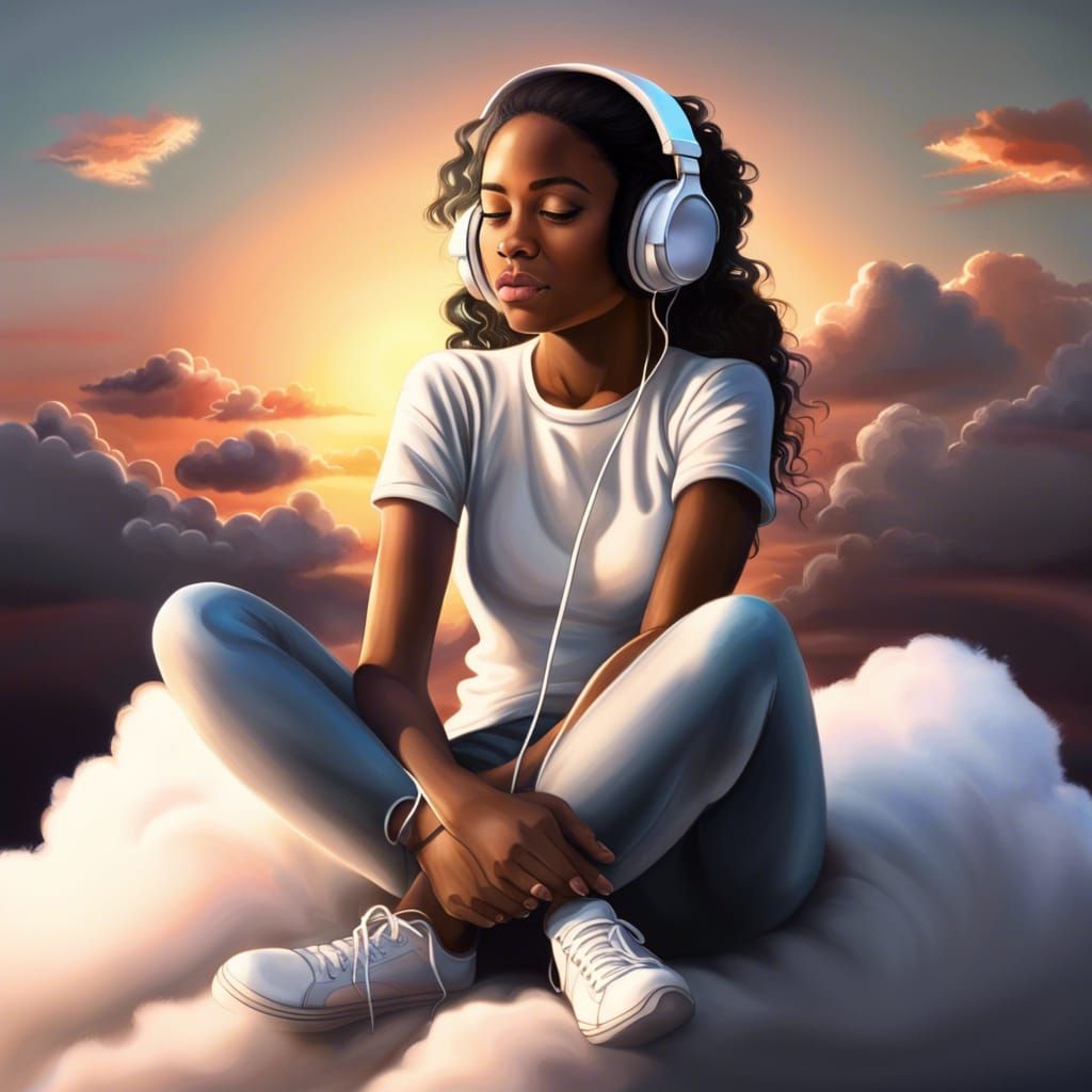Girl on Cloud with Sunset, Realistic Style