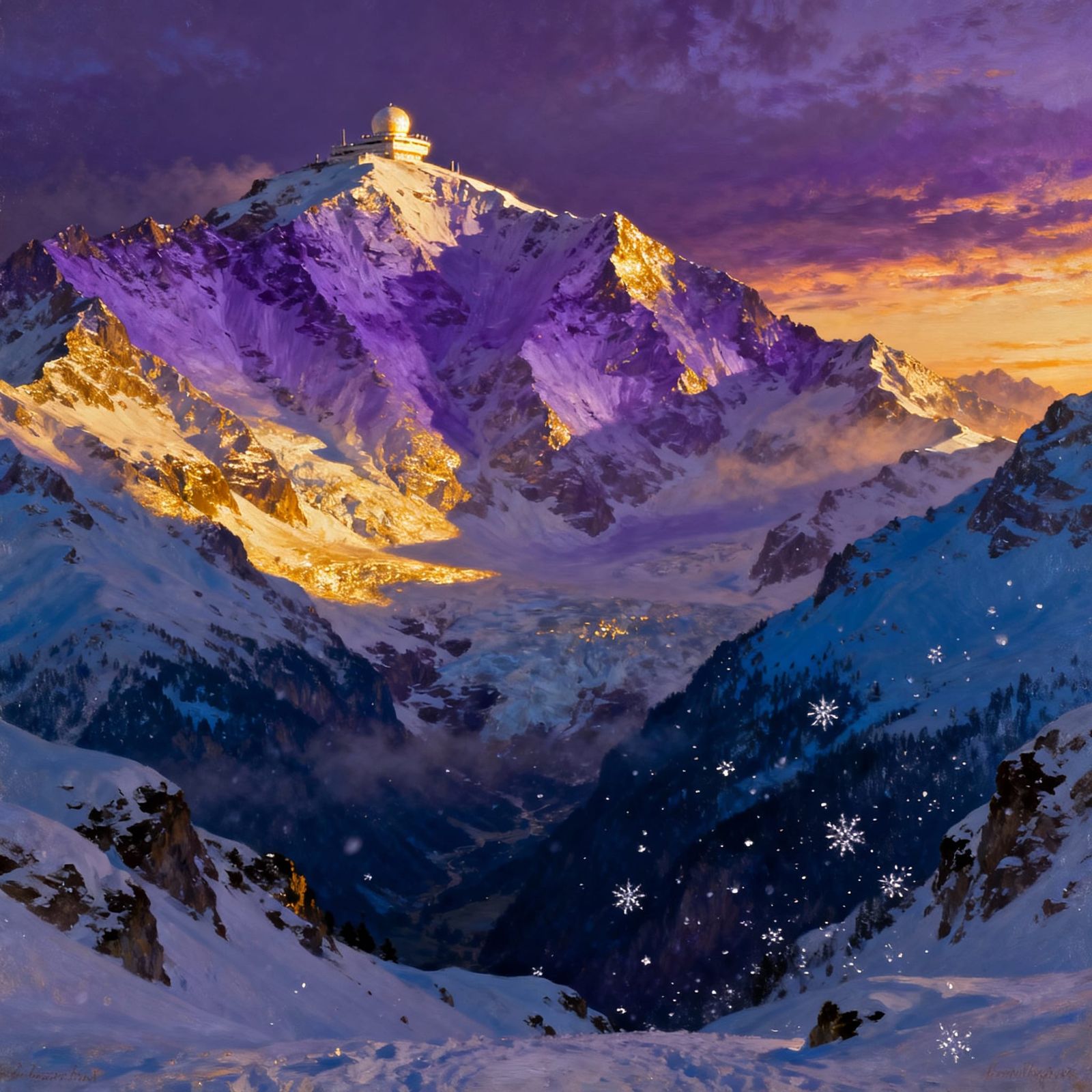 Swiss Alps Sunset Over Valley With Observatory