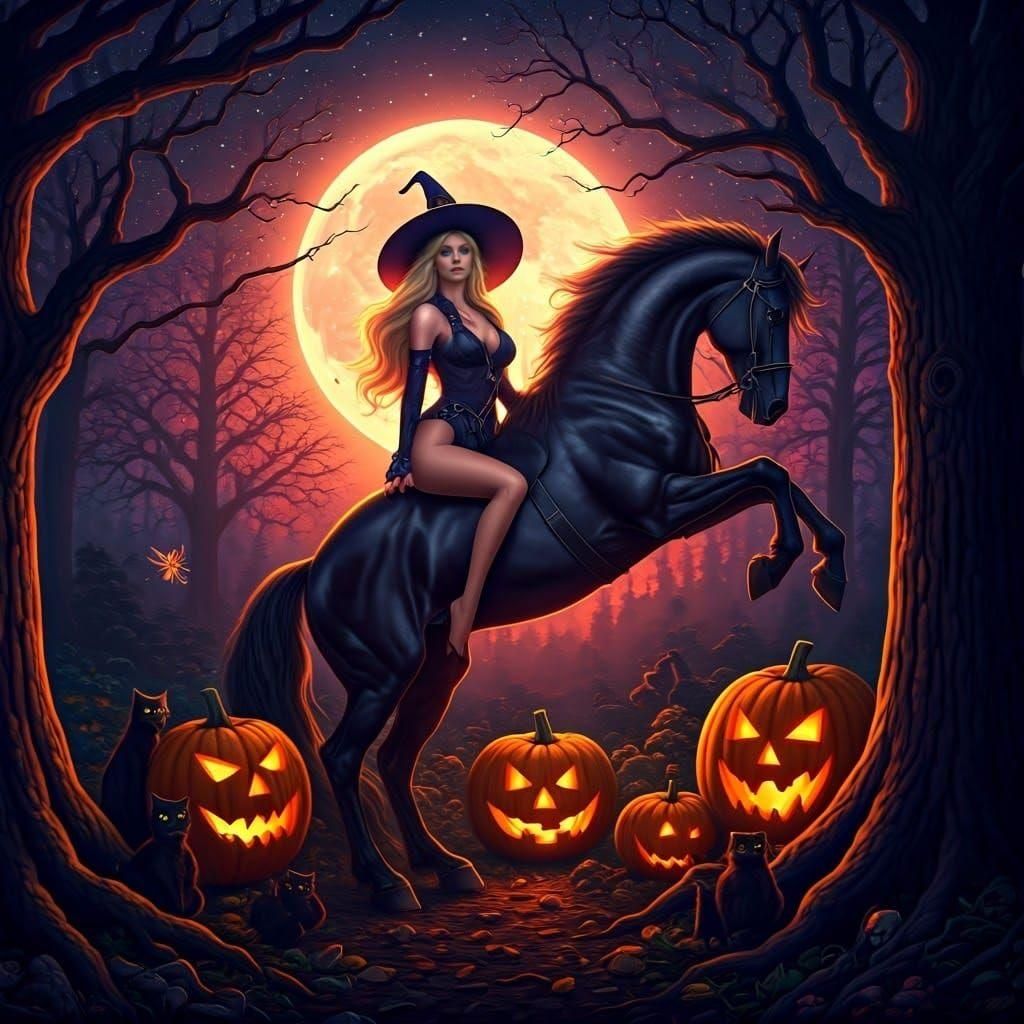 Halloween Witch on Horseback in a Neon Galaxy