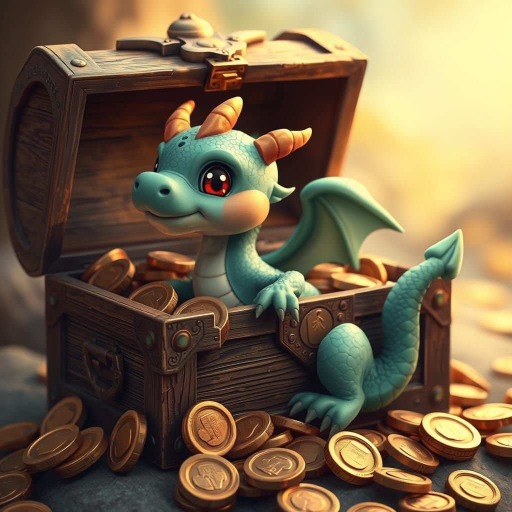 A Little Cute Dragon in a Treasure Chest