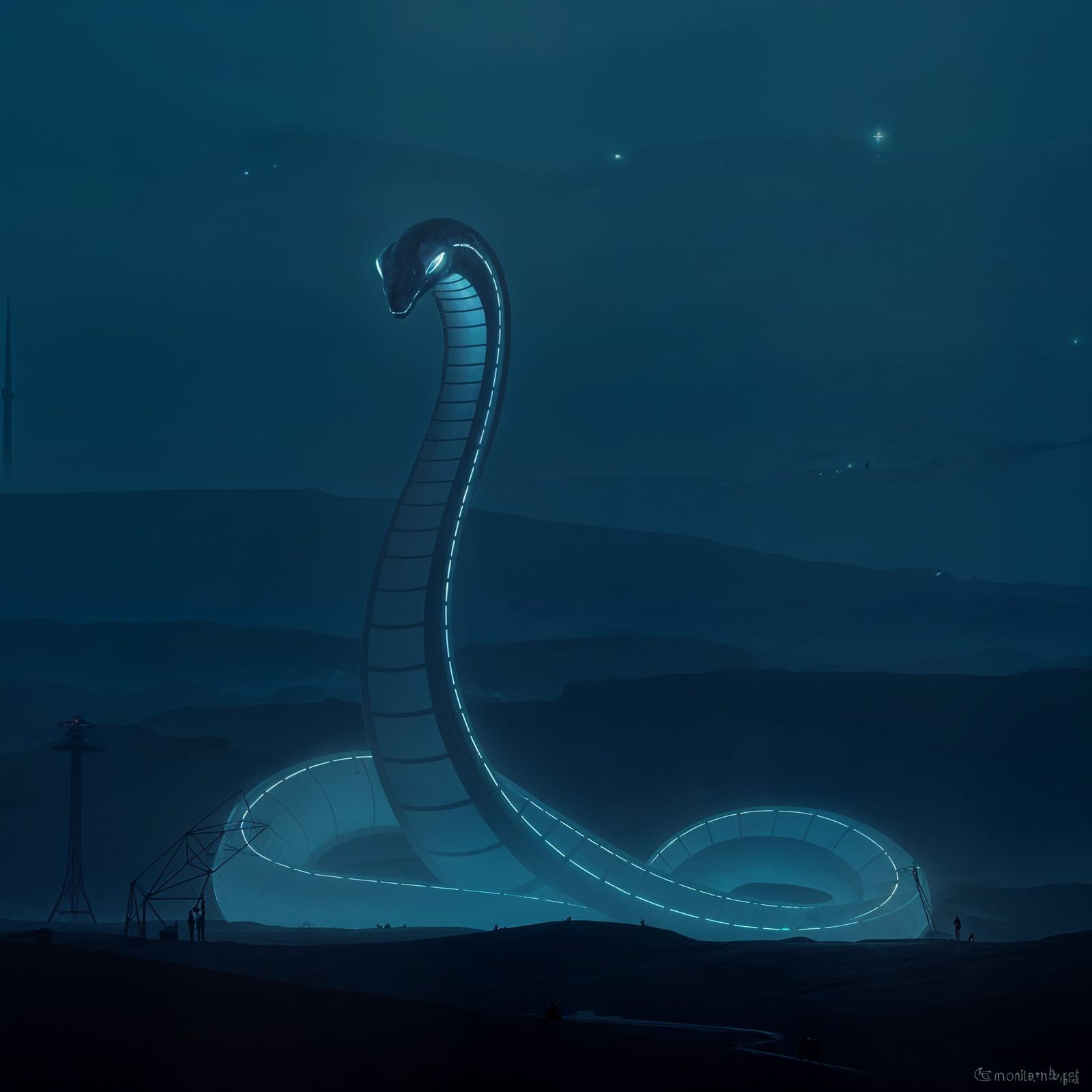 Elegant Minimalist CyberSerpent by Simon Stålenhag