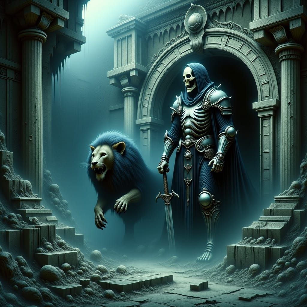 Knight and Lion Rise from Crypt in Dramatic Digital Painting