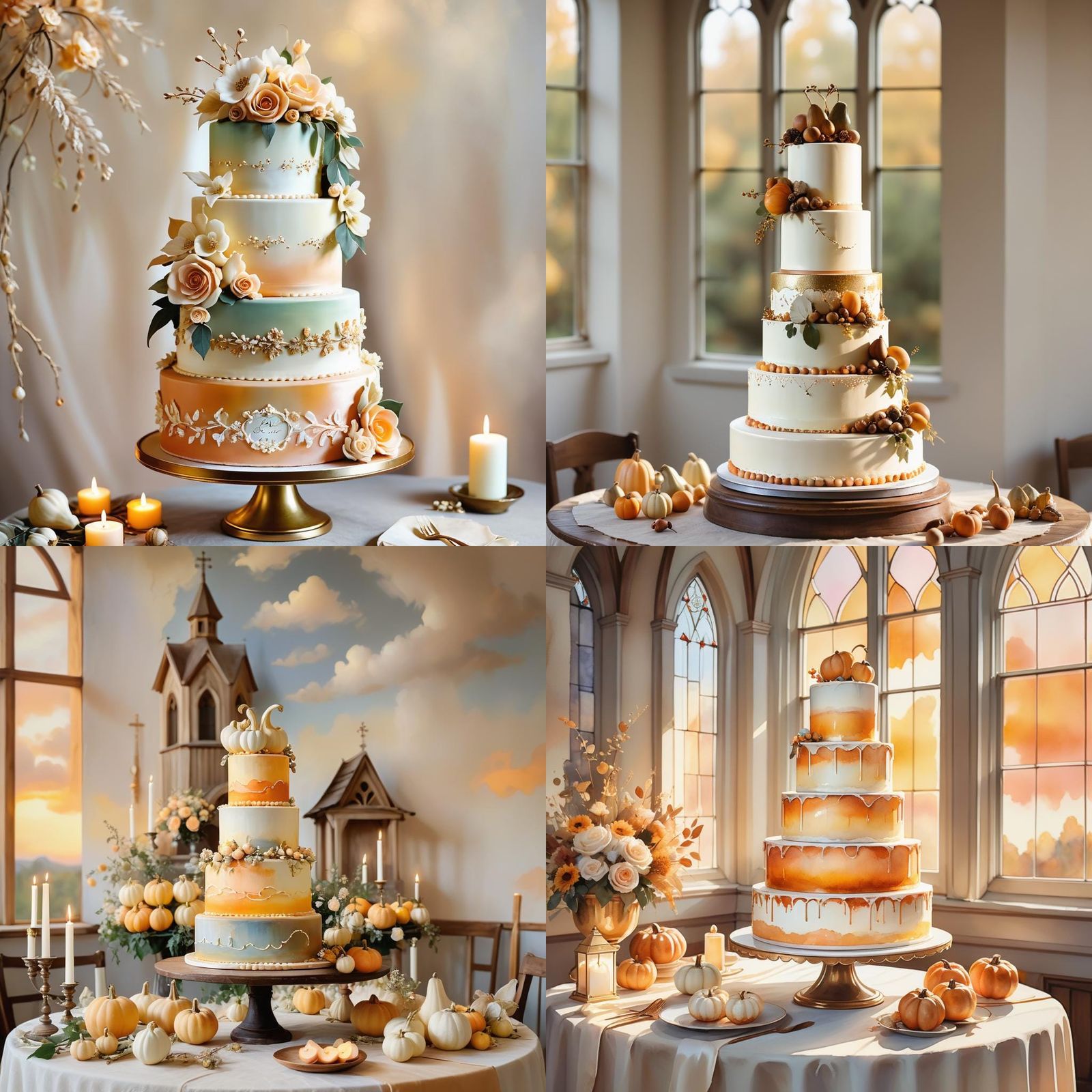 Apricot Wedding Cake with Gourds at Sunset