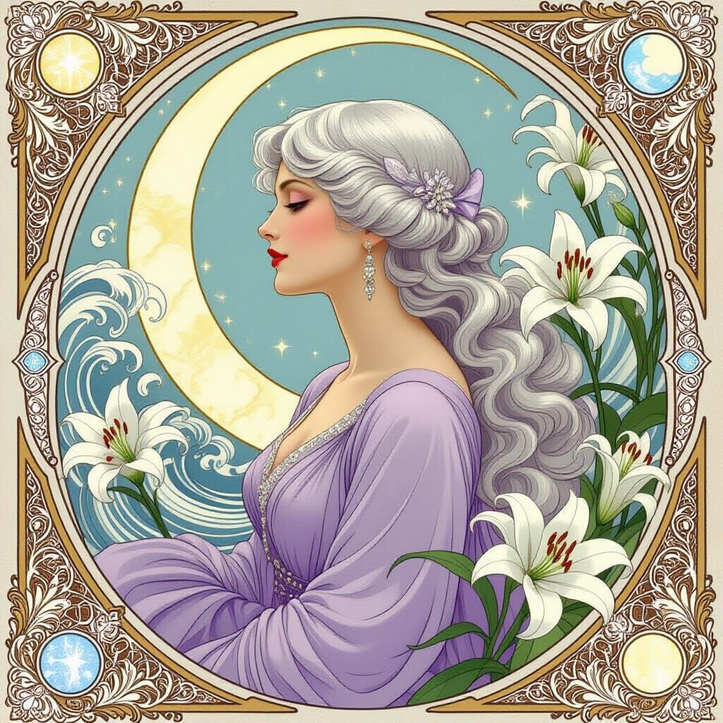 Art Nouveau Duchess Beneath Crescent Moon with Lunar Scepter