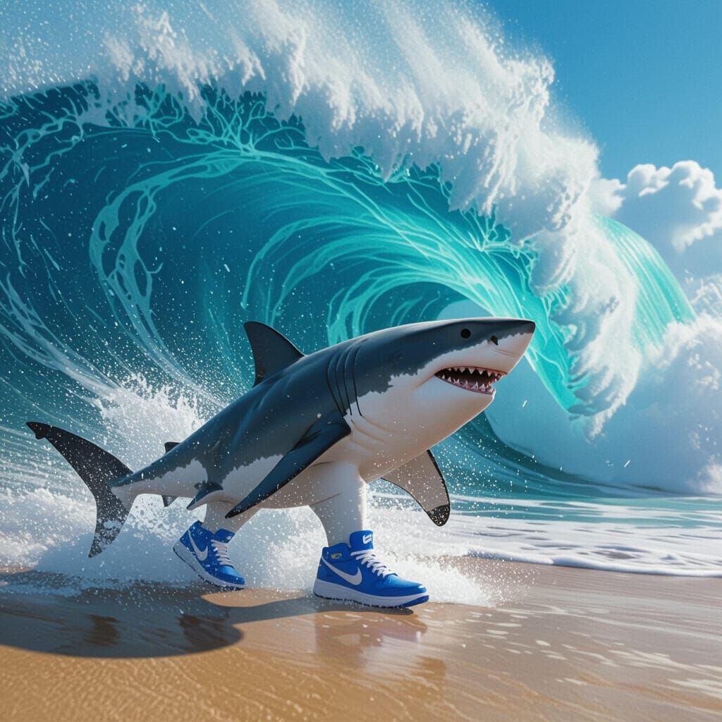 Great White Shark in Nikes Washed Away by Giant Wave